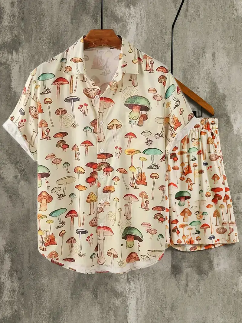 Mushroom Coconut Tree Pattern Print Men's Shirt Shorts 2Pcs Sets 3D Casual Hawaiian Suit Summer Short Sleeve Lapel Shirt Outfits