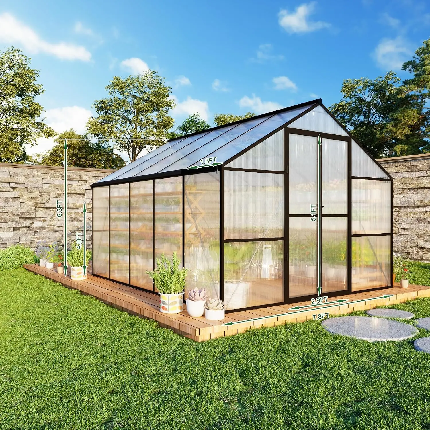 8x10FT Walk-In Polycarbonate Greenhouse, Quick Setup Outdoor Garden Green House with Roof Vent and Rain Gutter