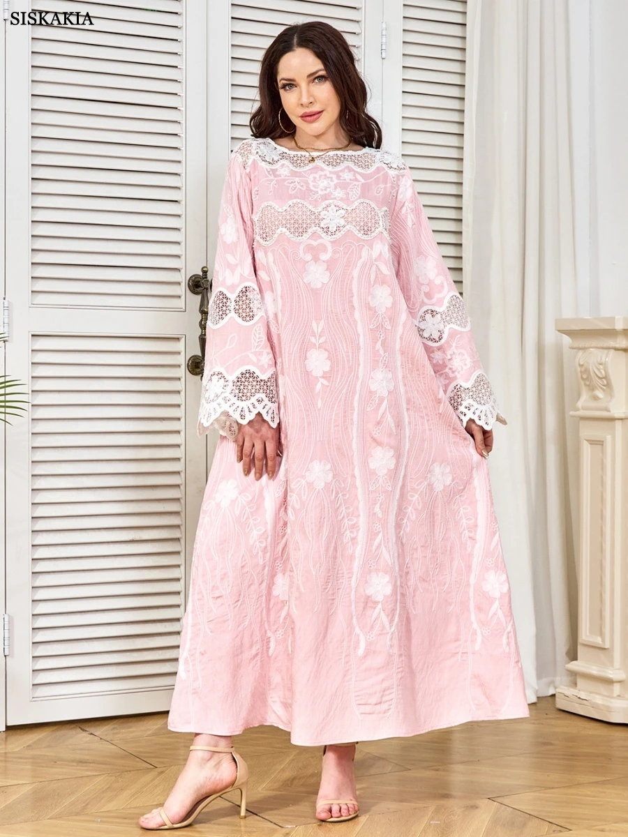 Siskakia Moroccan Kaftan Dress Elegant Casual Mesh Sleeve Jacquard Dresses For Women Gala