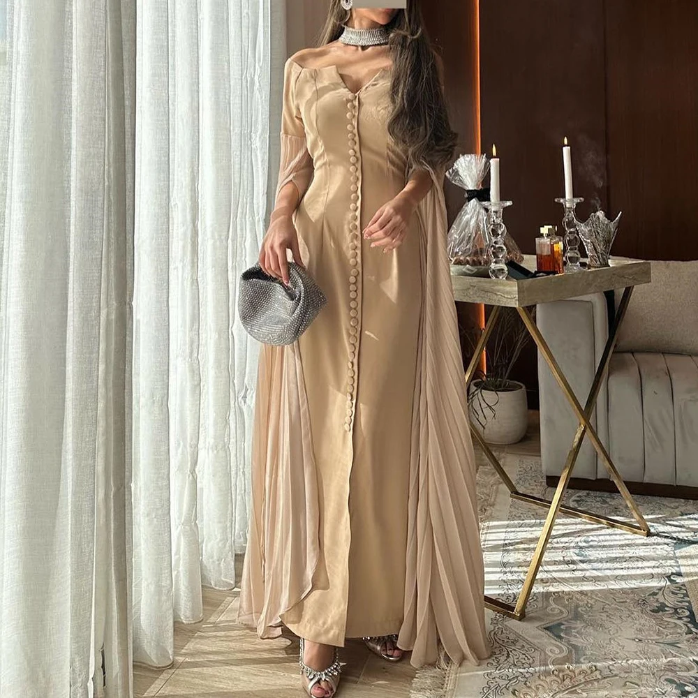 

Customized Delicate Jersey Straight Off the Shoulder Buttons Evening Dress Half Sleeves V-Neck Floor Length Panel Train فساتين