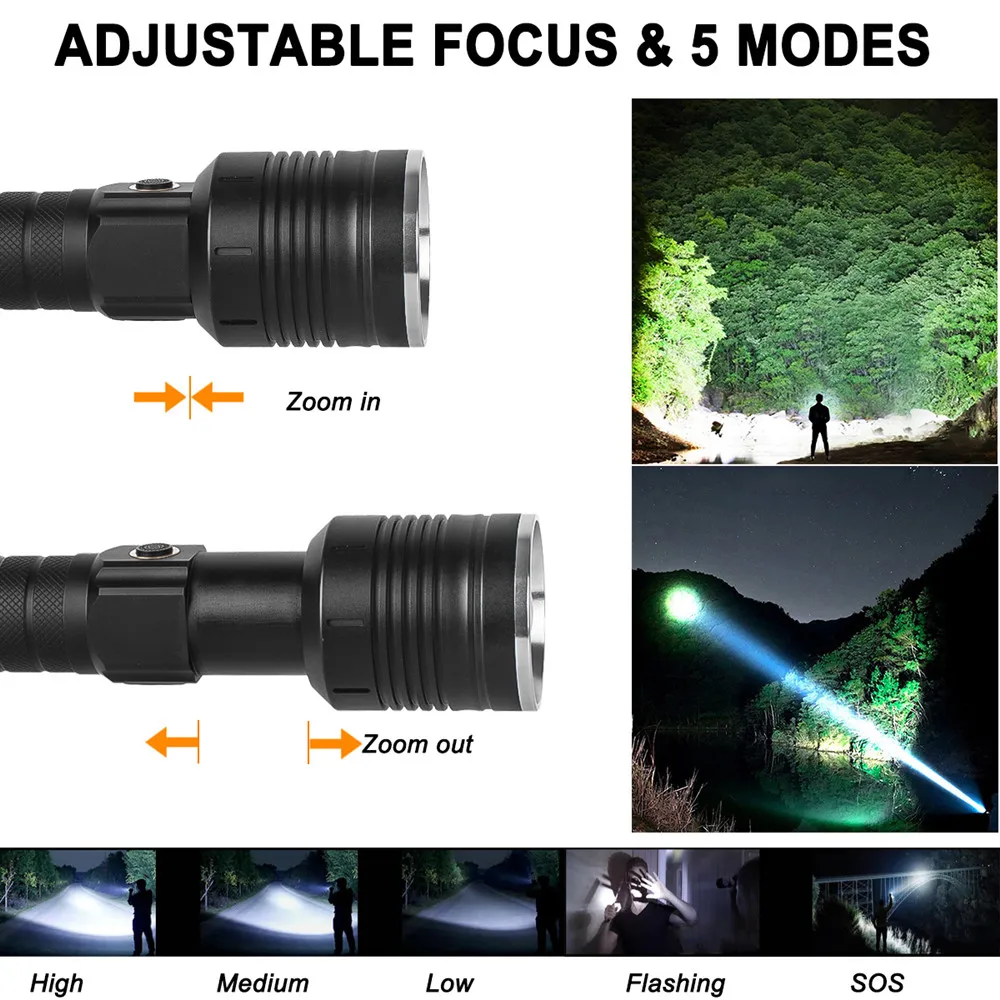High Lumens LED Flashlight Powerful Super Bright Tactical Torch Long Range Spotlight Lamp USB Rechargeable Zoomable For Outdoor