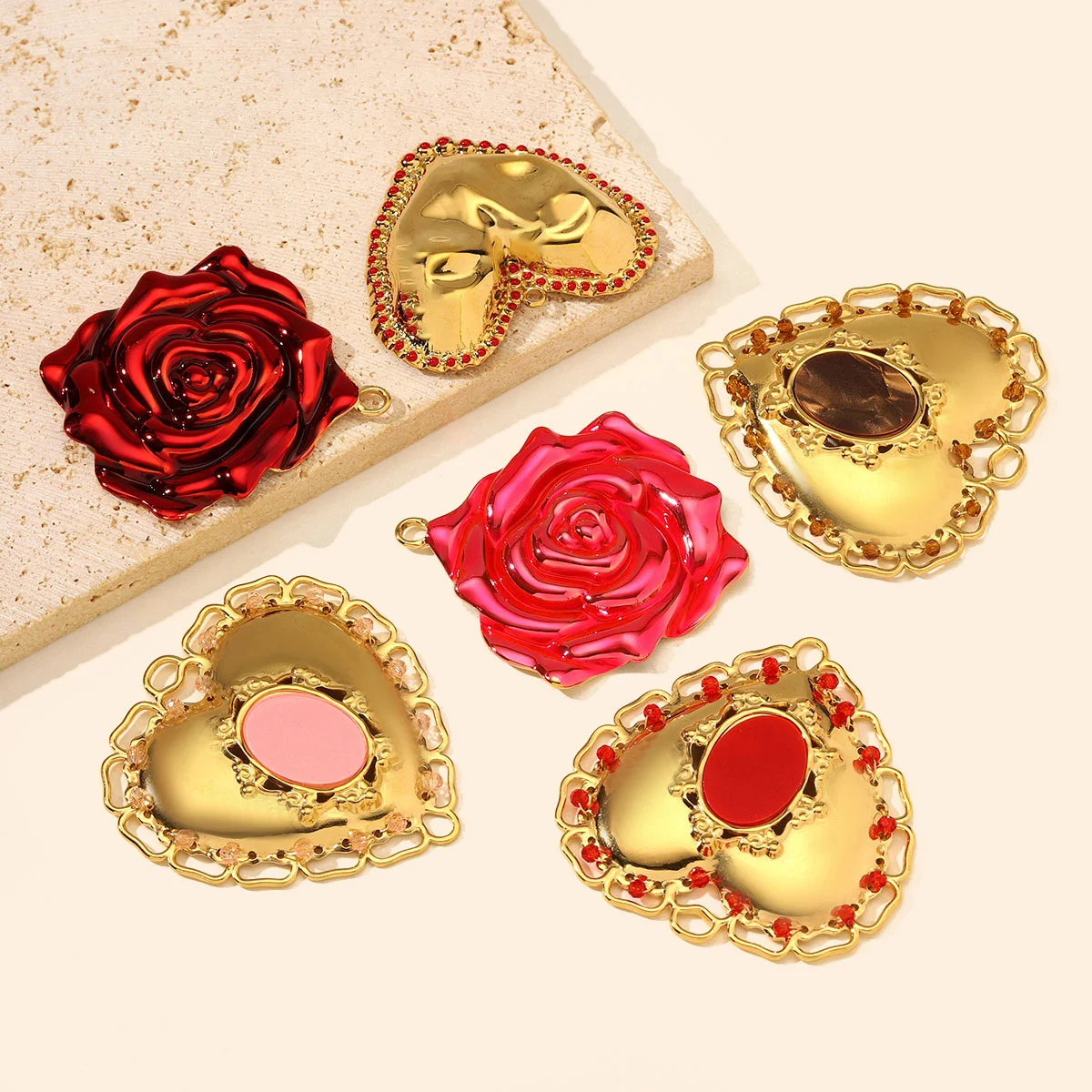 3pcs/Lot Stainless Steel Hollow Vintage Heart DIY Charms Enamel Rose Flower Necklace Pendants Woman Big Love Jewelry Wholesale