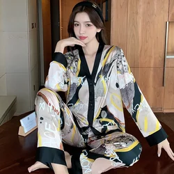 Lisacmvpnel Ice Silk Pajamas Women's Spring Autumn New Light Luxury Satin Chiffon Set Sleepwear