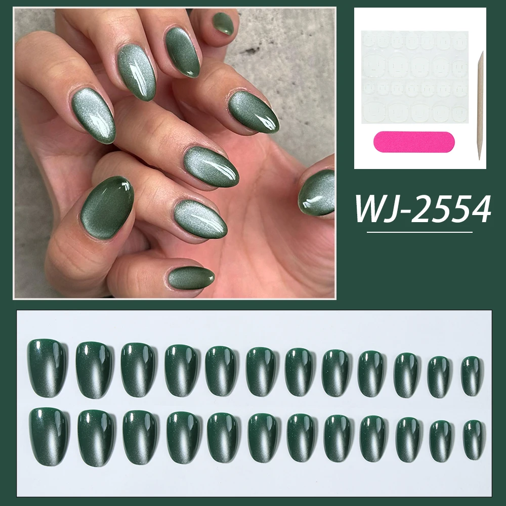 24pcs short almond nail fake nails, green cat's eye glass crystal design fake nails, white and enhance temperament patch fake na