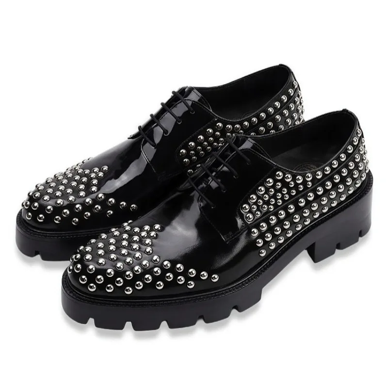 British-Style Thick-Soled Dress Shoes Genuine Leather Men Rivet Shoes Height-Increasing Derby Shoes