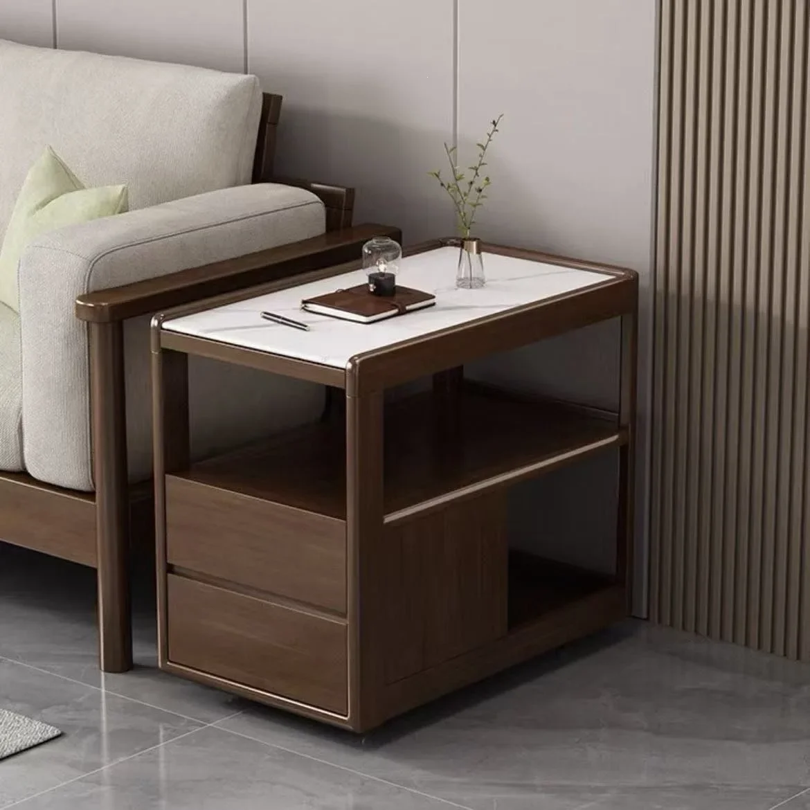 Movable solid wood side cabinet, tea cabinet with wheels, small tea table, coffee table, simple rock slab corner table