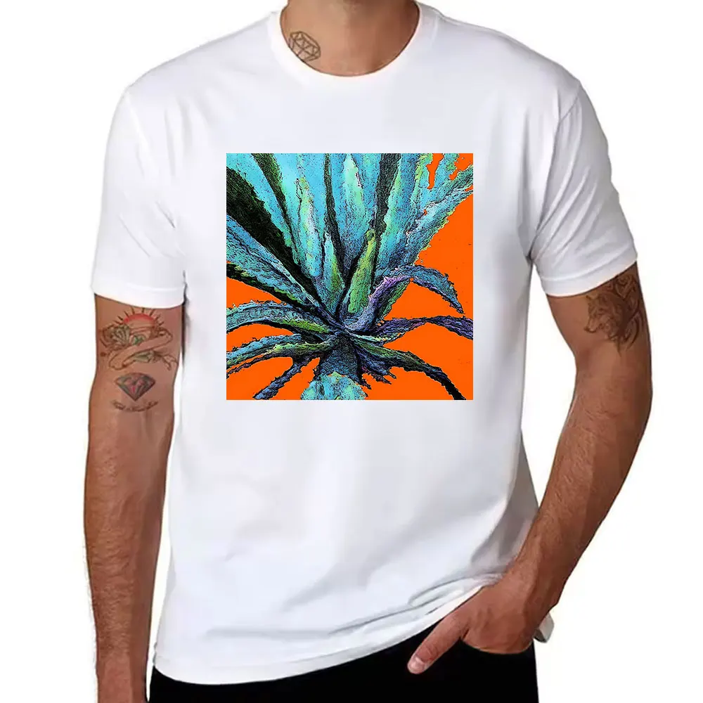 Men's Cotton Short Sleeve T-Shirt with Vibrant Agave Cactus Print, Bold Orange Background, Casual Summer Tee for Daily Wear