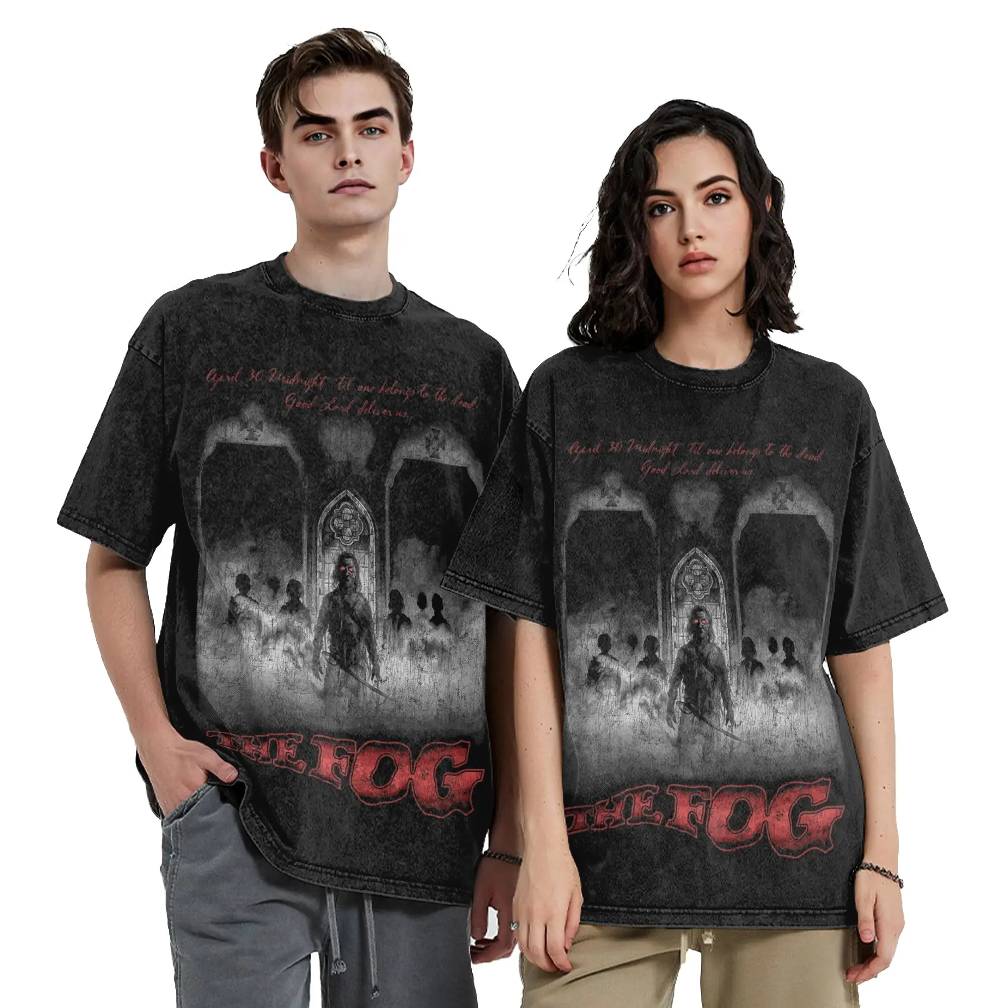 Washed T Shirts The Fog John Carpenter 1980 Distressed Hip Hop Vintage T-Shirt Street Streetwear 100% Cotton Tee Shirt Men Women
