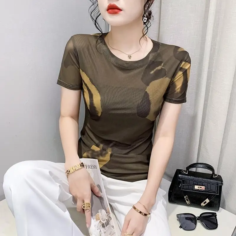 Camouflage Gothic Women New Summer Fashion Net Yarn Printing Short Sleeved Round Neck Slim Breathable Affordable All-match Tops