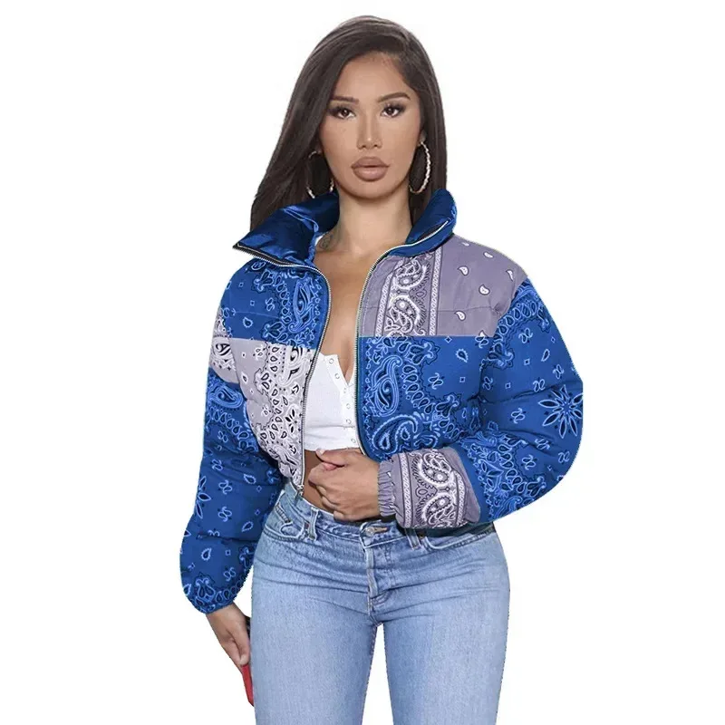 Women Winter Fashion Warm Parkas Casual Zipper Up Puffer Outerwear Bandana Coats Floral Printed Bubble Jackets for Female 2021