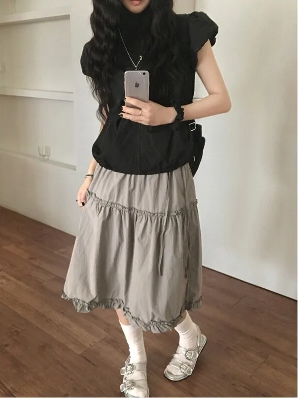 Retro Half-length Skirt with Lace Trim High-waist Versatile Women's Summer New Style Cake Short Skirt Korean Style Regular Fit