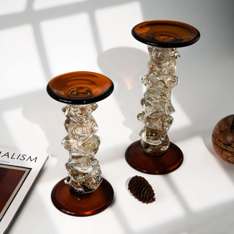 

Beautiful medieval candlestick heavy industry glazed brown texture retro niche art atmosphere ornament candle holder Christmas