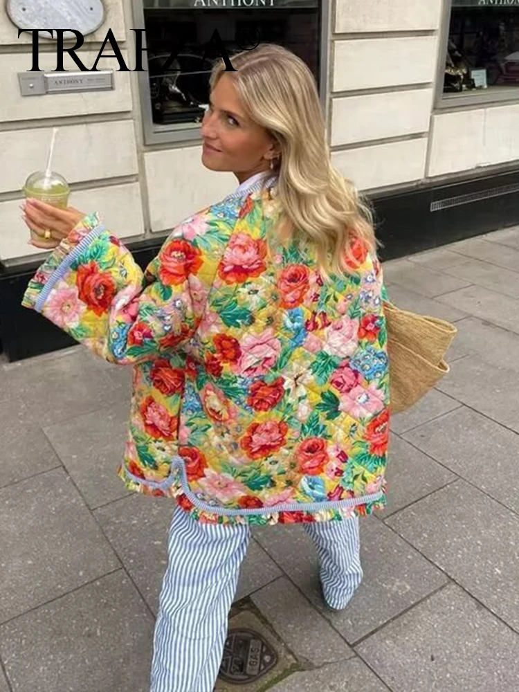 TRAFZA 2024 Women Fashion Floral Print Retro Quilted Cotton Coat Long Sleeve Side Pocket Padded Jacket Female Parkas Top Outwear