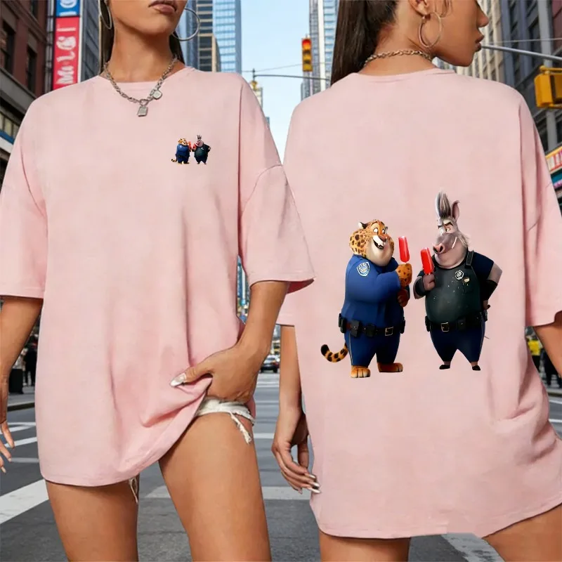 

2025-26 Summer Disney Zootopia Cartoon Hip Hop Pattern 100% Cotton Printed T-shirt New Animation Fashion Sports Women's T-shirt