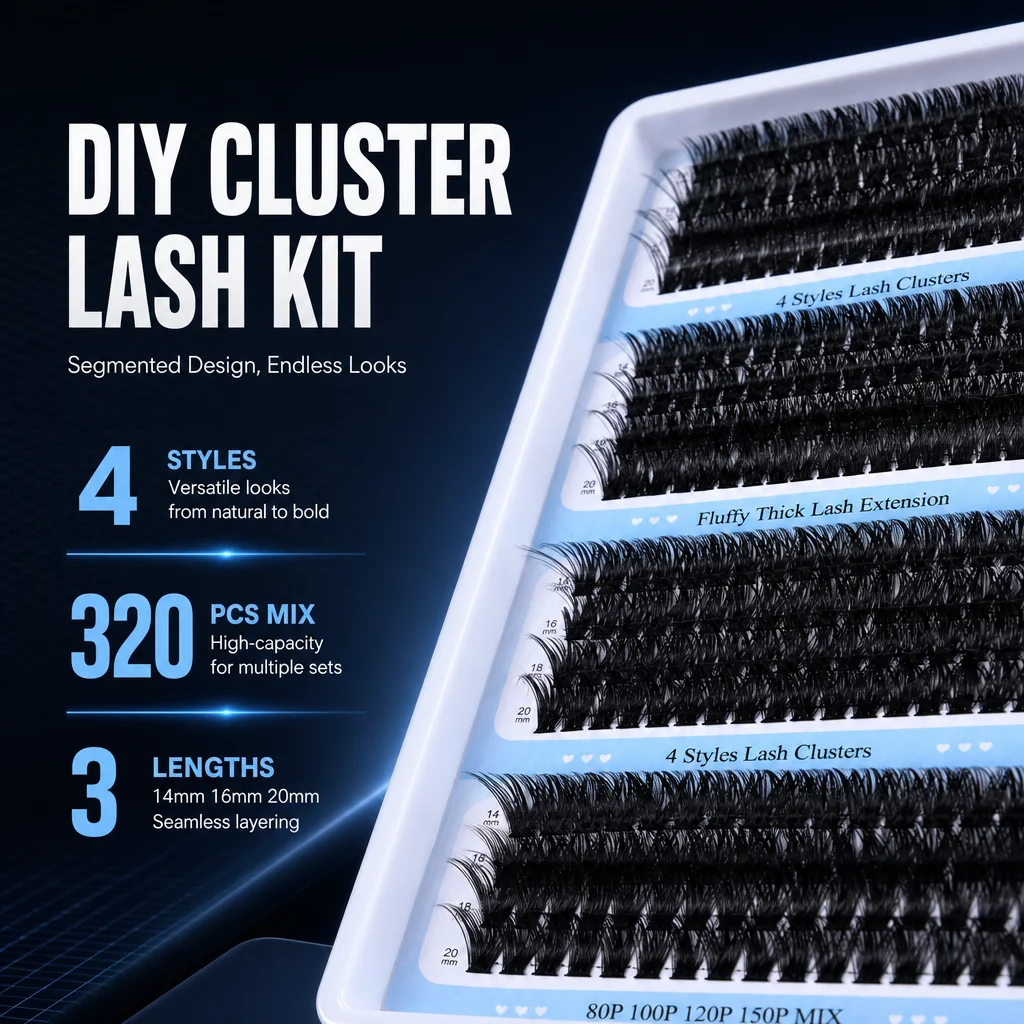 DIY Segmented Cluster False Eyelash 14-20mm D Curl Black Synthetic Fiber Long Thick Stem Flexible Design for Daily Party Makeup