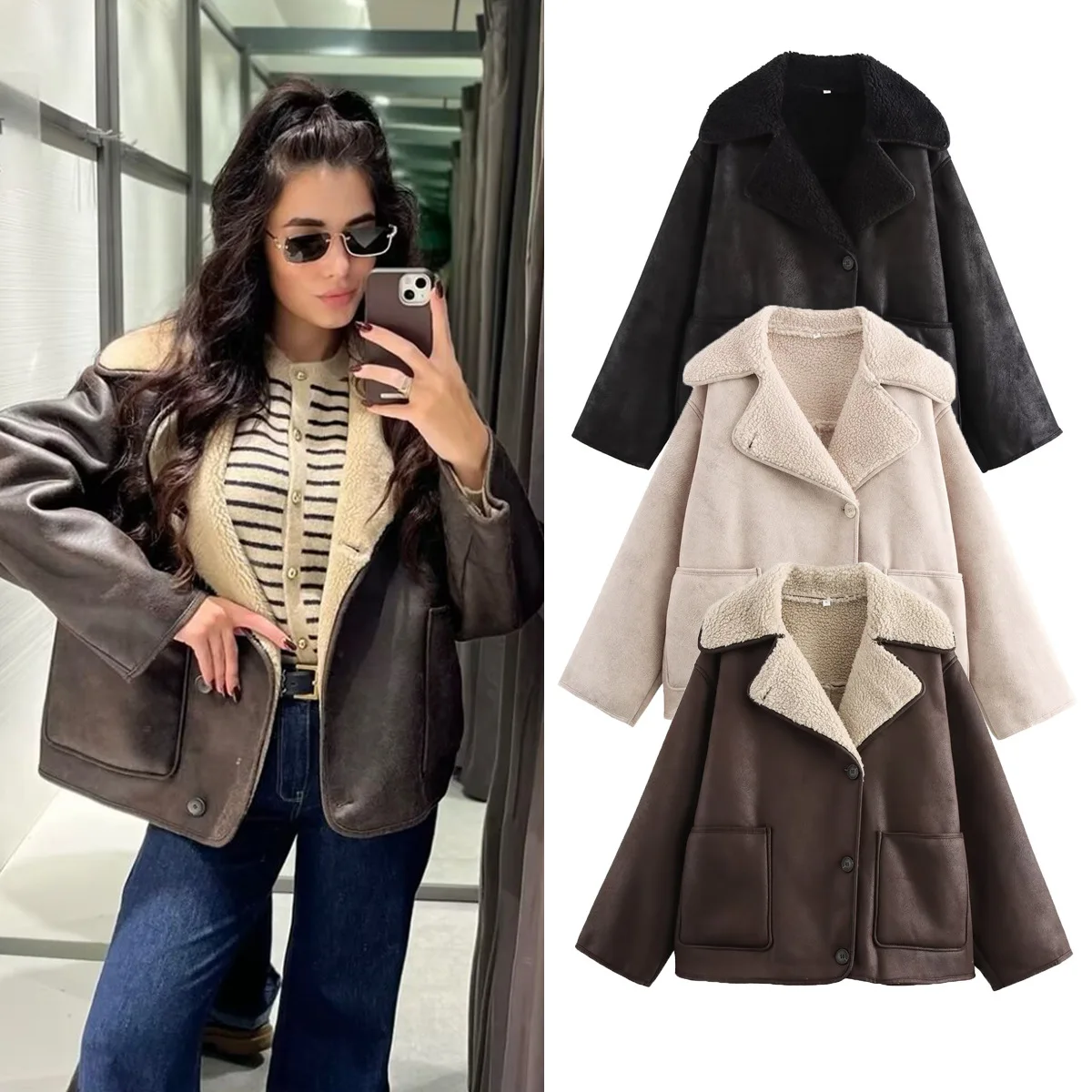 Autumn Faux Jackets Outwear Women Fashion Fashion Turn-Down Collar Three-Color Shearling Long Sleeve Jacket  Short Coat