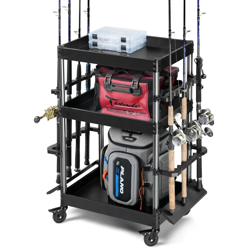 

Savior Equipment Mobile Tackle Station 16 Fishing Rod Holder Cart w/Wheels, Adjustable Rack for Different Rod & Reel