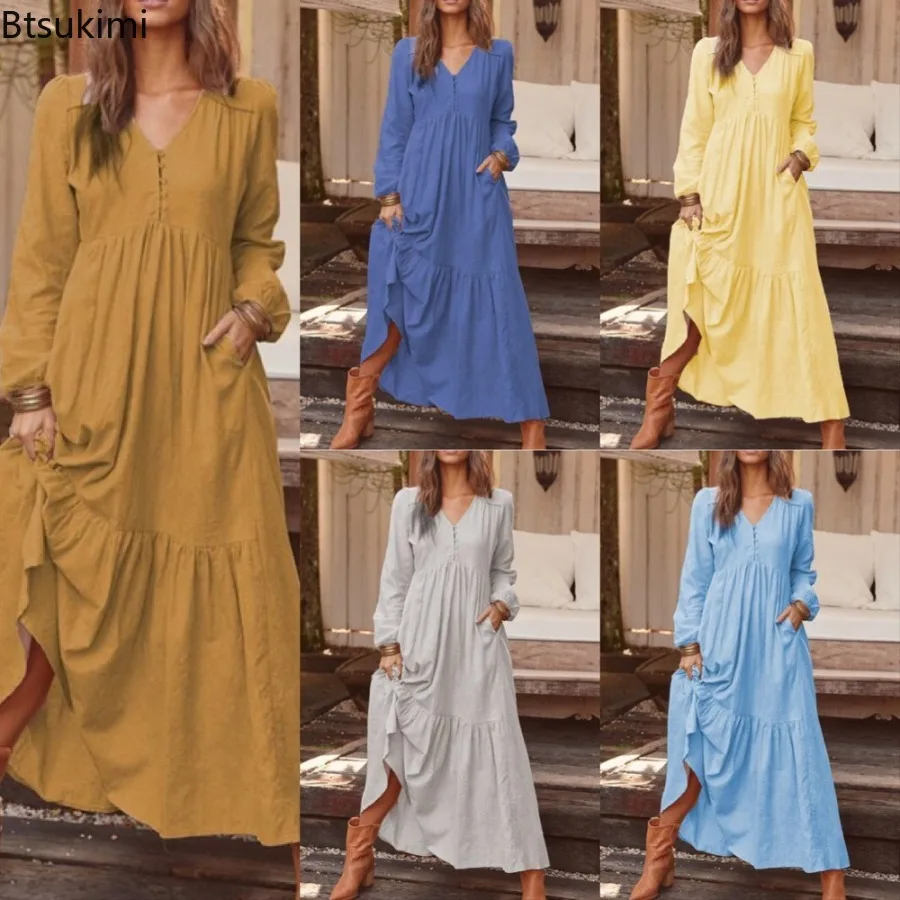 

2025 Spring and Summer Women's Cotton Linen Solid V-Neck Button-Down Dress Retro Casual Long Sleeve Dress Large Hem Long Skirt