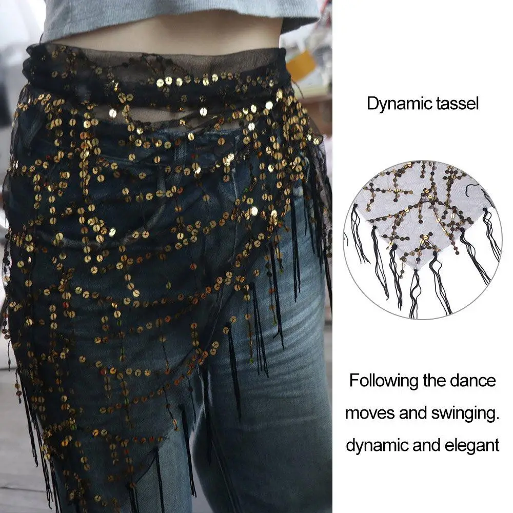 Dance Belt Shiny Sequins Belly Dance Hip Scarf Triangular 6 Colors Women Waist Chains Elegant Tassel Dancer Skirt Latin Dancer