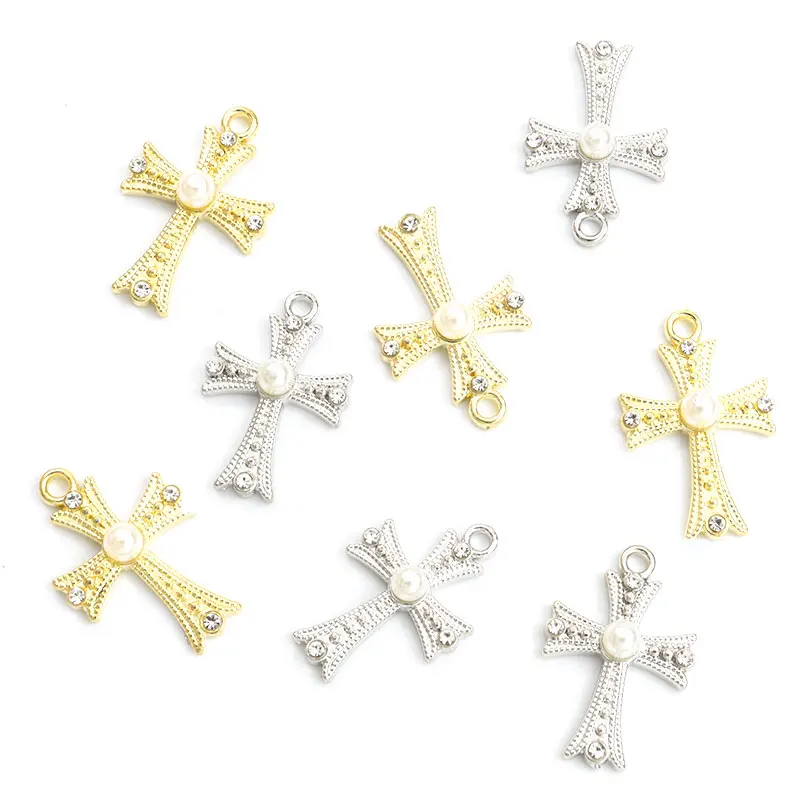 10pcs Trendy Cross Rhinestones Pearl Charms 2 Colors Metal Crystals Crucifix Pendant for DIY Handmade Catholic Christian Jewelry