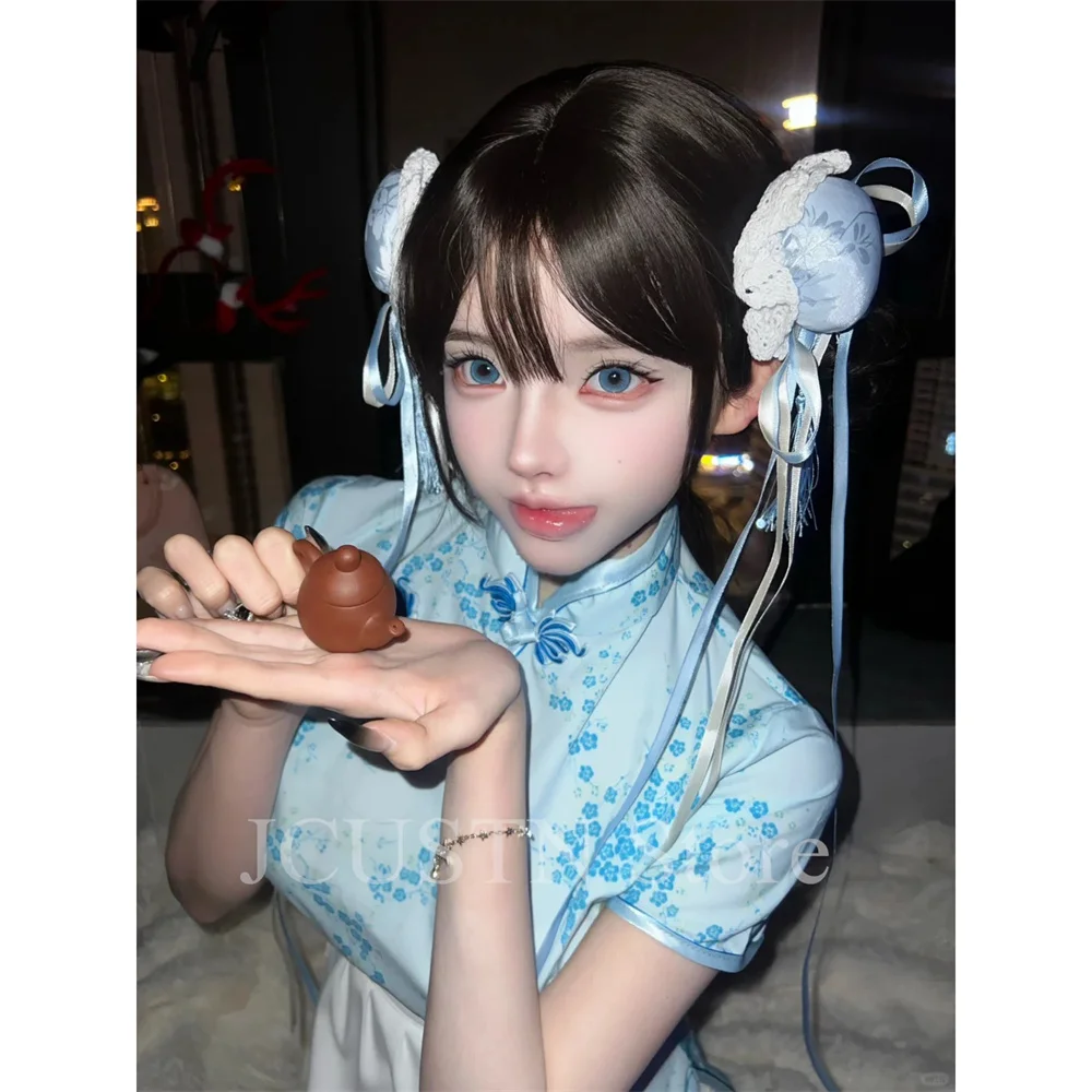 Chinese Style Dress Blue Y2K Cheongsam Sexy Short Women Satin Jacquard Qipao Cosplay Traditional Costume Short Lolita Maid Dress