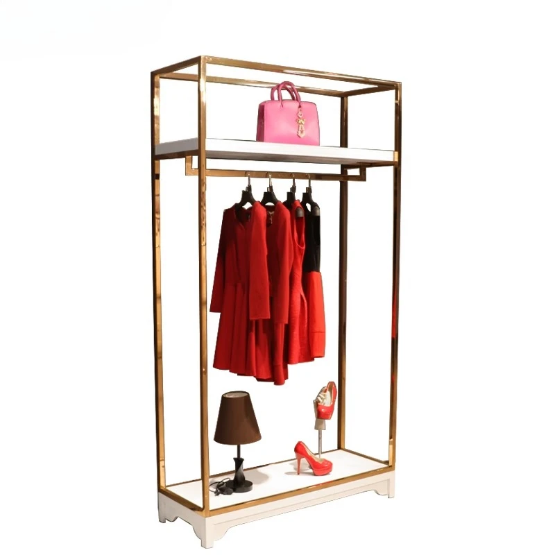 

store display rack, rose gold shelf, hanger-type high cabinet men's and women's clothing, double-layer floor rack brushed