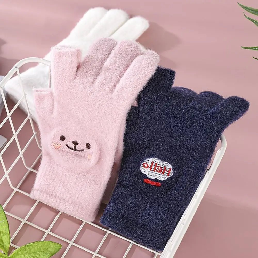 Office Thick Games Playing Women Cashmere Winter Playing Phone Men Smiling Face Gloves Cartoon Knitted Gloves Fingerless Gloves