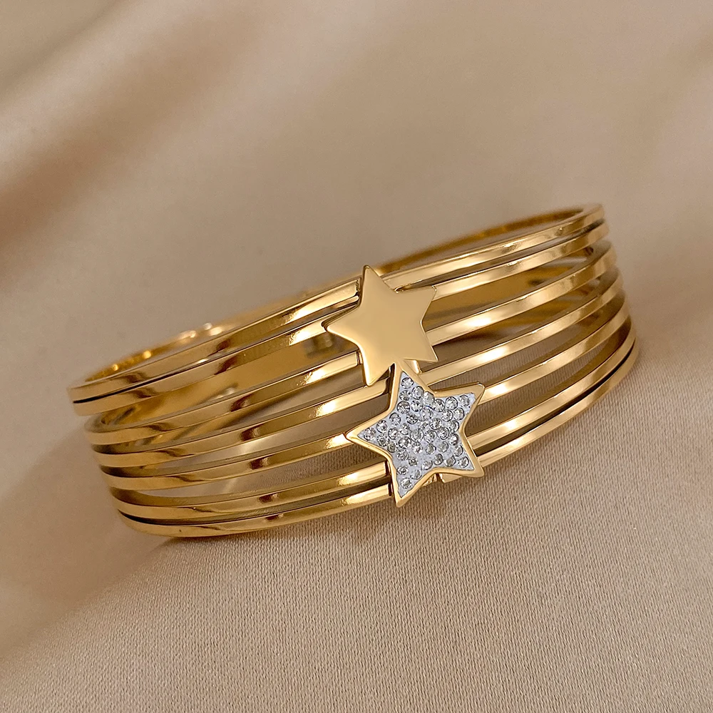 

Golden Double Star Stainless Steel Bracelet Bangle with Rhinestones for Women Cuff Fashion Wide Stackable Waterproof Jewelry