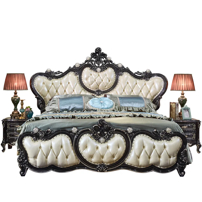 Black Wooden king Size Italian Luxury Full Bedroom Furniture Set Fancy Real Leather king Size Bed Craving Bedroom Furniture Set