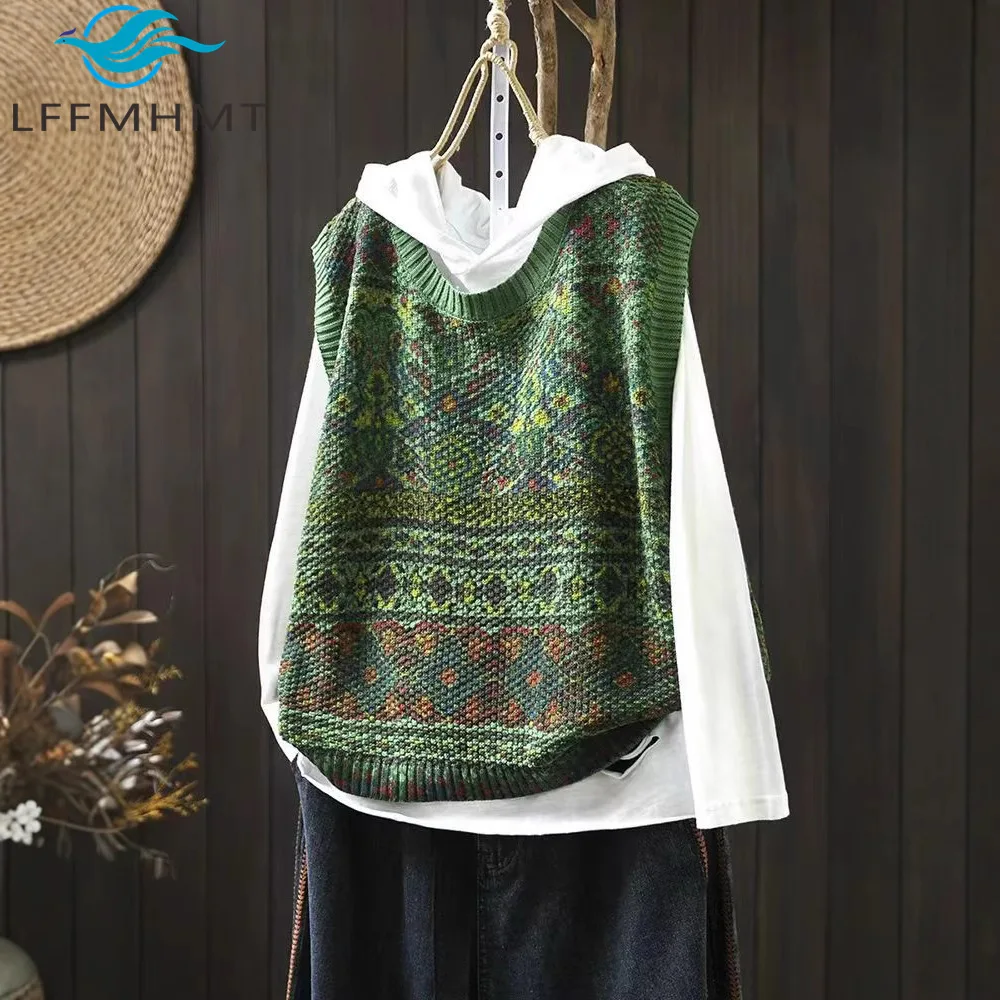 

Модный женский свободный пуловер без рукавов с круглым вырезом, жилет из хлопка, винтажный цветочный принт, повседневный стиль, женский вязаный жилет