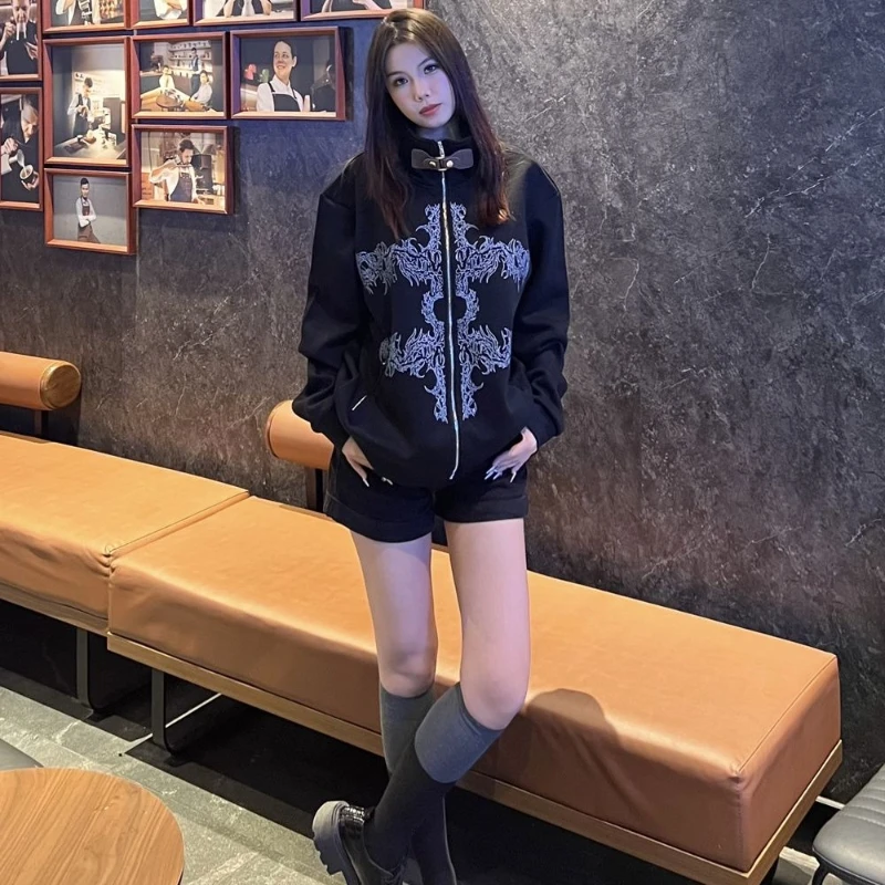 Woman New Restore Ancient Ways Elegant Brief Street Clothes Fashion Punk Stand-up Collar Individuality Hoodie Printing Cardigan