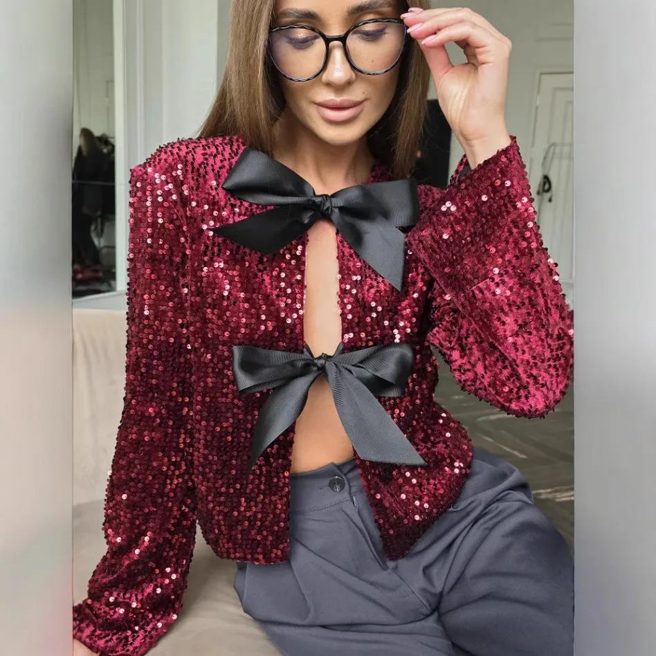 Y2k Luxury Design Fashion O-Neck Sequin Top Women's Autumn New Sweet Bow-Tie Button-Up Long-Sleeve Jacket Tops Coats Streetwear