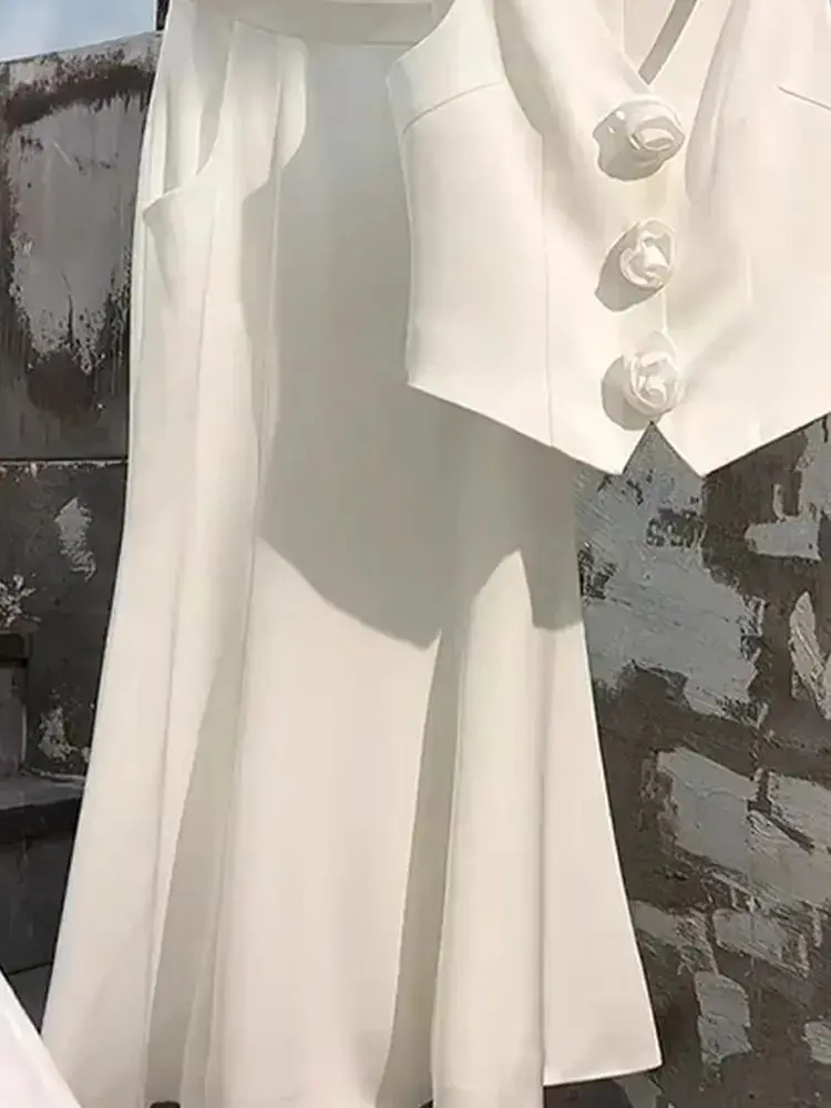 Women Elegant Chic Fragrant Y2K Suit Vest Top And Midi Long Skirt Two Piece Set Matching Outfit Summer Vintage White Uniform
