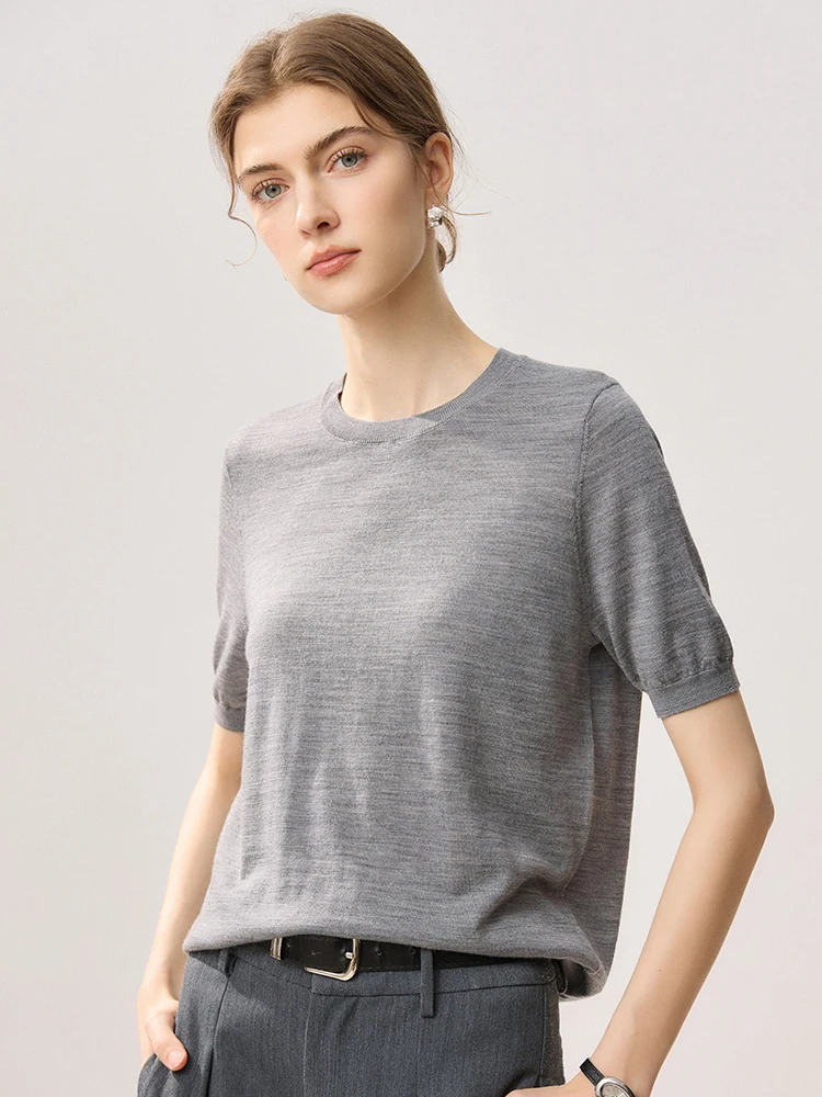 Simple Spring Autumn Women Wool Sweater Round Neck Short Sleeve Pullover 100% Wool Knitwear Morandi Solid Soft Female Tops