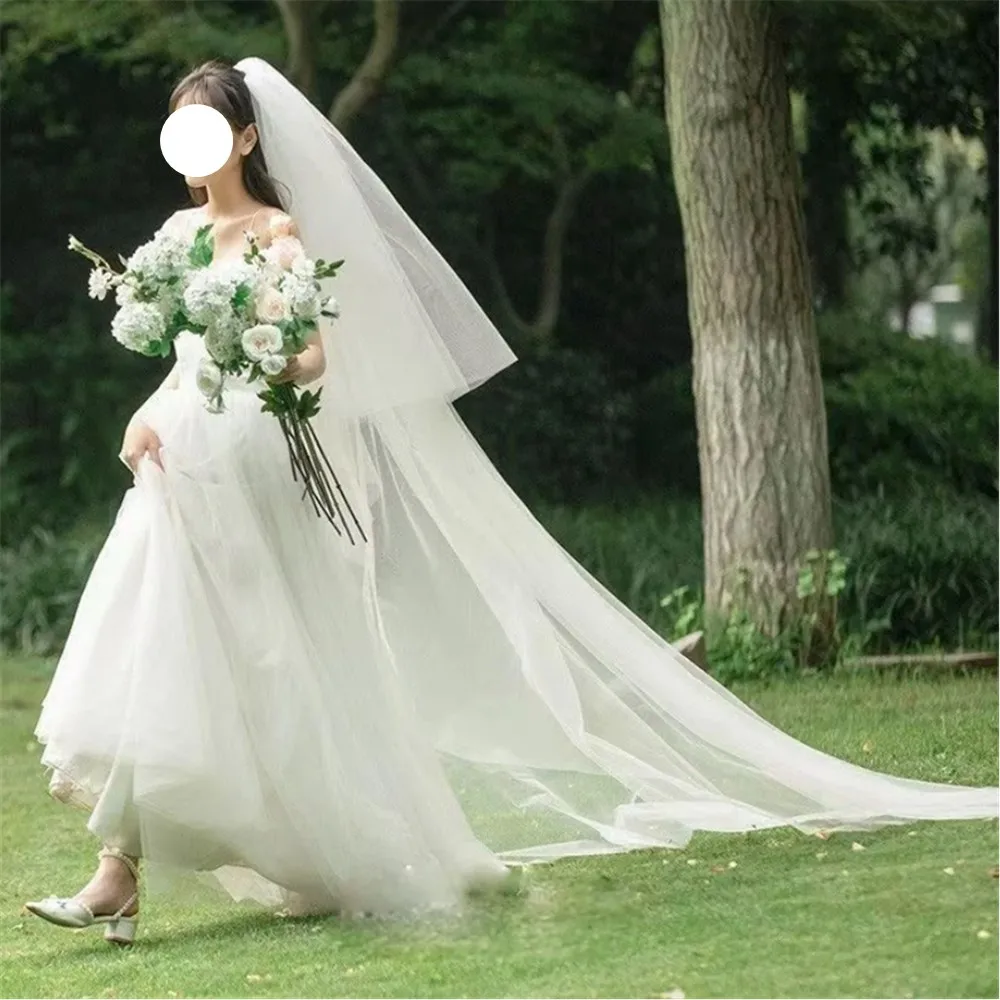 أنيقة المرأة 3M قطع حافة 2 طبقات الزفاف الحجاب الزفاف الأبيض زائدة طويلة لينة شير بسيطة تأثيري صور الملحقات #3