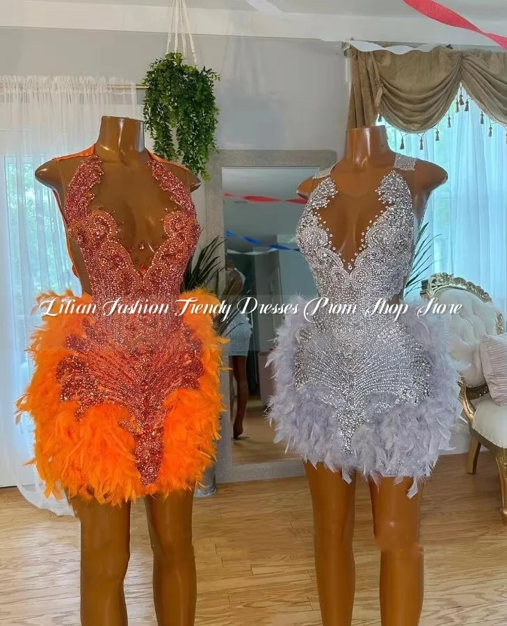 Orange Silver Sparkly Short Prom Homecoming Dresses for Black Girl 2025 Luxury Diamond Feather Birthday Gala Party Customised