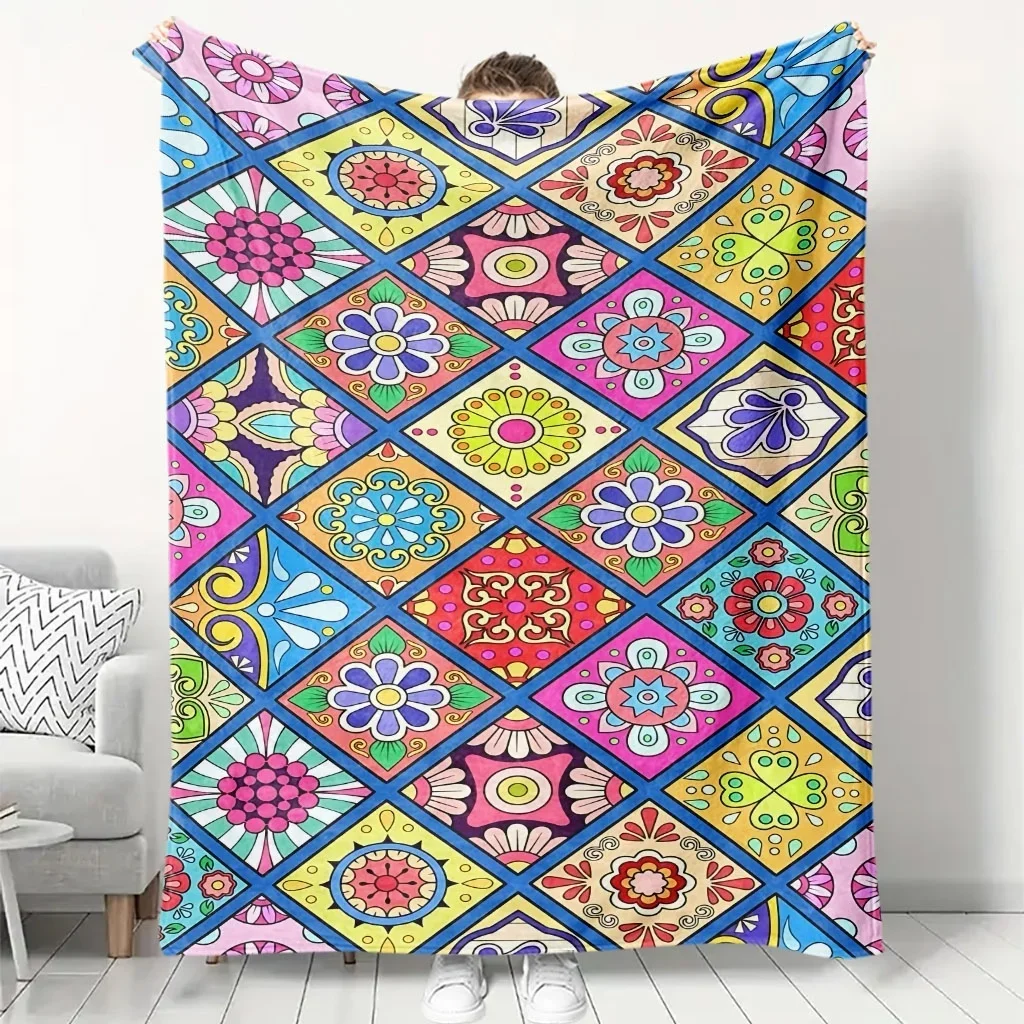 Multi Shade Flower Square Grid Bohemian Bright Color Background Flannel Throw Blanket, Warm Cozy Blanket,Boho Decor Gift Bedroom