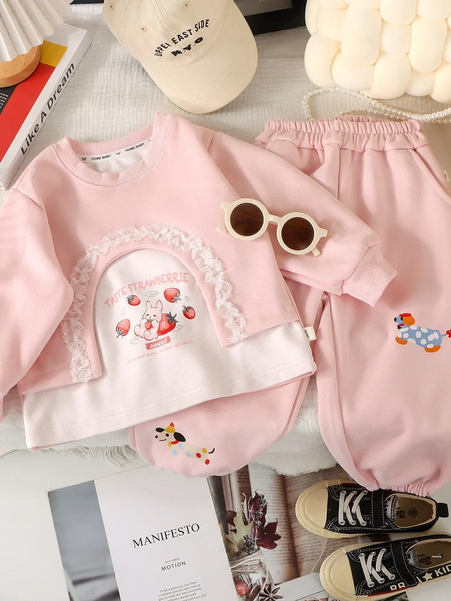 Girls' Strawberry Cartoon Two-Piece Set Baby Casual Fashionable Lace Outfit Autumn Collection Comfortable Kids' Ensemble