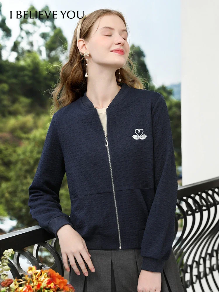 I BELIEVE YOU Embroidery Royal Blue Fall Clothes 2024 Women Casual Short Coat Office Lady Solid O-Neck Basics Jacket 2244185831