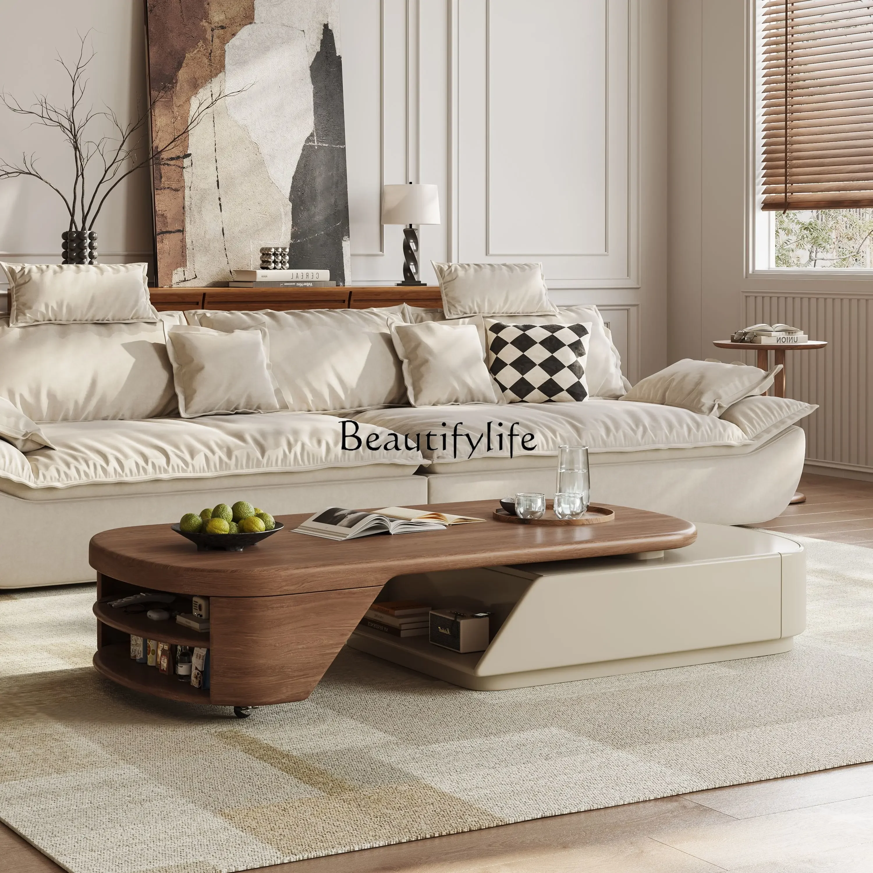 

3Mobile Coffee Table with Wheels, Extendable Vintage Style Tea Table, Retro Style Storage