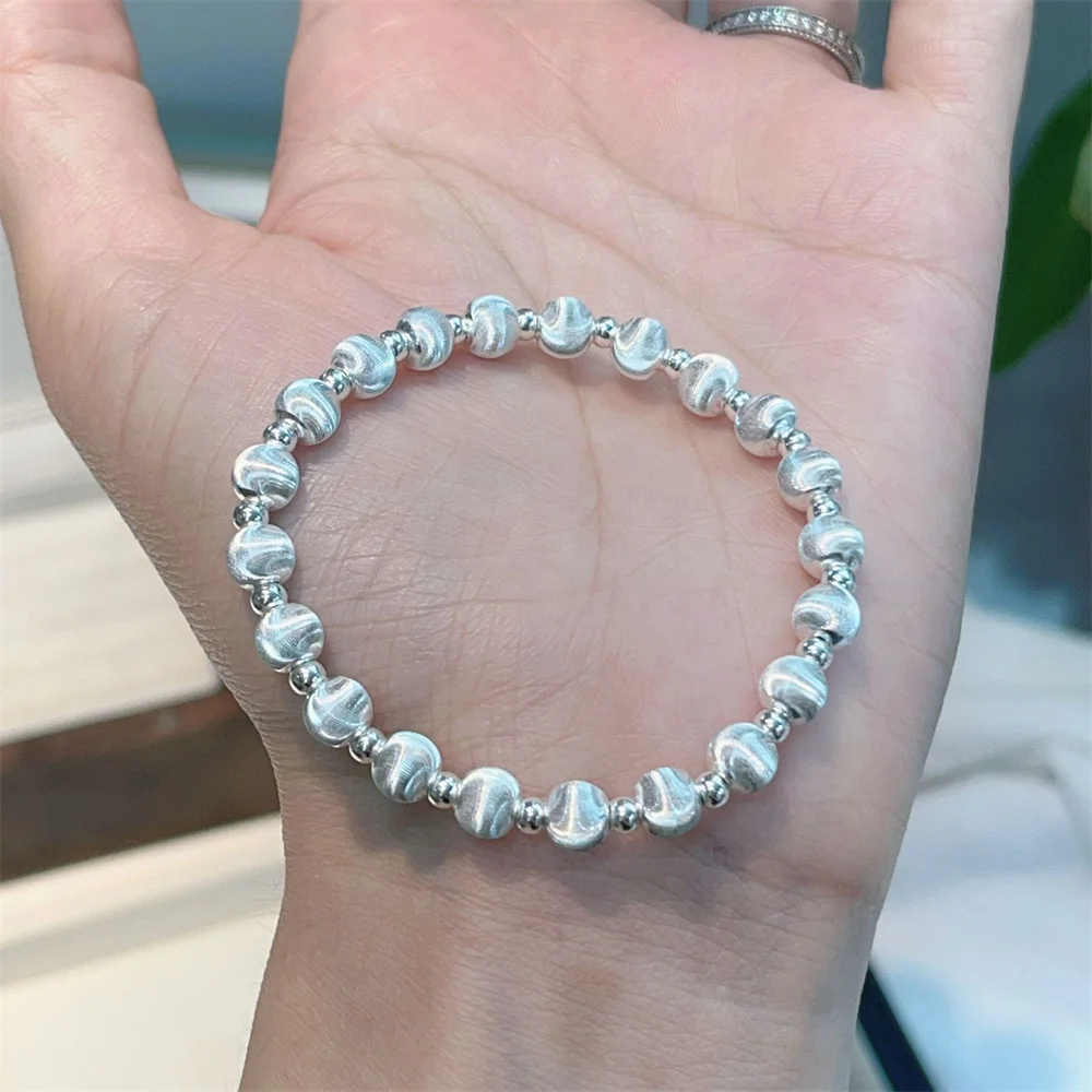 OUYADI Women 925 Sterling Silver Beaded Bracelet, Delicate Cat‑Eye Brushed Beads Daily‑Wear Jewelry Gift