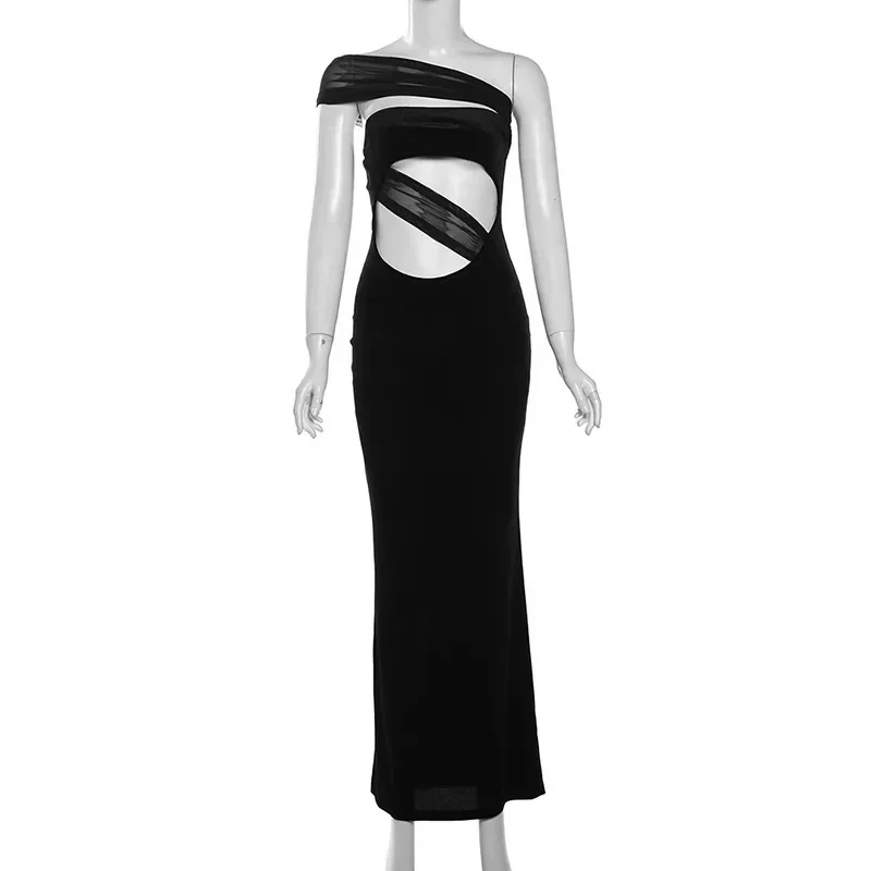 Maxivestido Sexy de malla de retales para mujer, vestido asimétrico con hombros descubiertos, sin mangas, ajustado, elegante y elegante