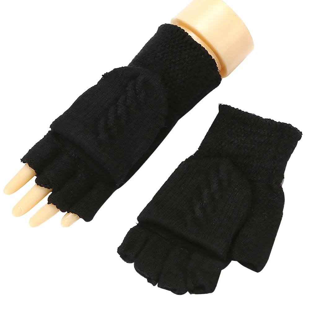 1 Pair Knitted Flip Top Gloves Winter Outdoor Hiking Camping Warm Fingerless Cotton Mittens  Grey