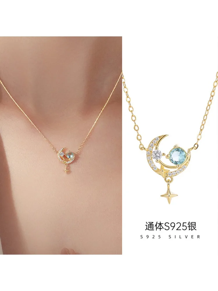 

Ожерелье из стерлингового серебра 925 пробы со звездой и луной, женское колье с цирконом в романтическом темпераменте.