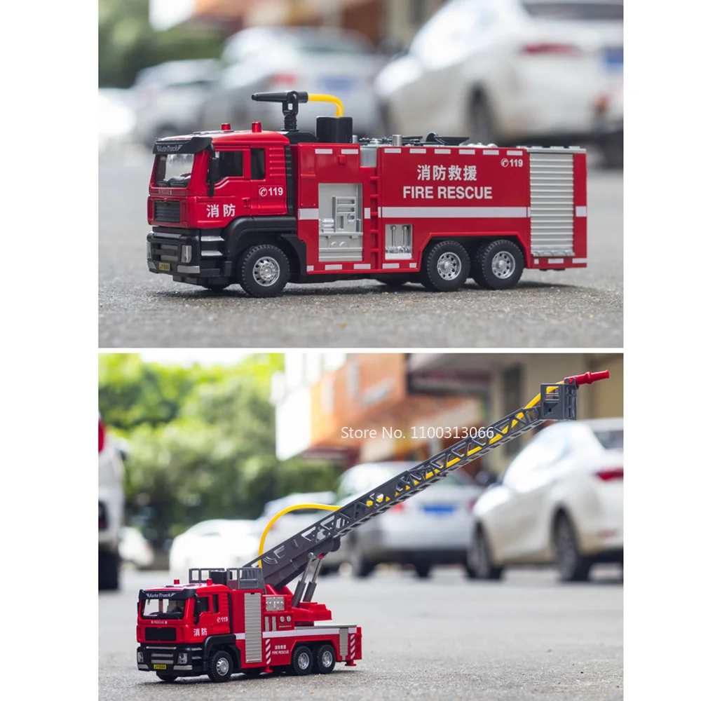 1/50 Ladder Fire Engine Car Model Toy Wheel Pull Back Sprinkler Fire Truck with Light Music Rescue Vehicle Kids Educational Toys