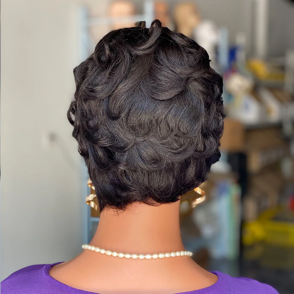 شعر مستعار قصير مموج 4 بوصة 100% شعر بشري منتفخ مسبقًا مع شعر أطفال خط شعر طبيعي شعر مستعار كامل للسيدات والنساء