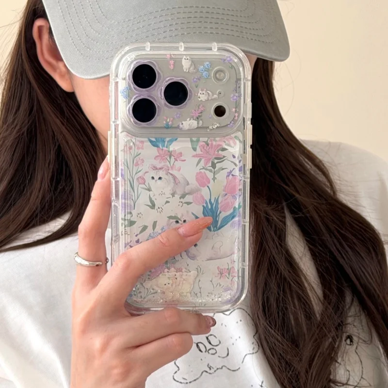 

Korean Cute Quicksand Rabbit Flower Phone Case For iPhone 17 Pro 14 15 16 Pro Max Cover Cartoon Protective Cases For Apple 16 Pr