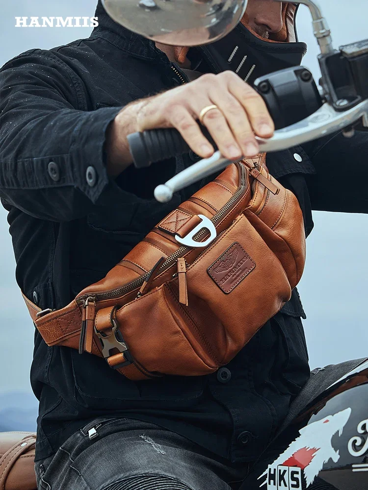 Bolso de pecho de cuero de vaca de primera capa portátil, bolso de mensajero de hombro de ciclismo para hombres, cuero genuino