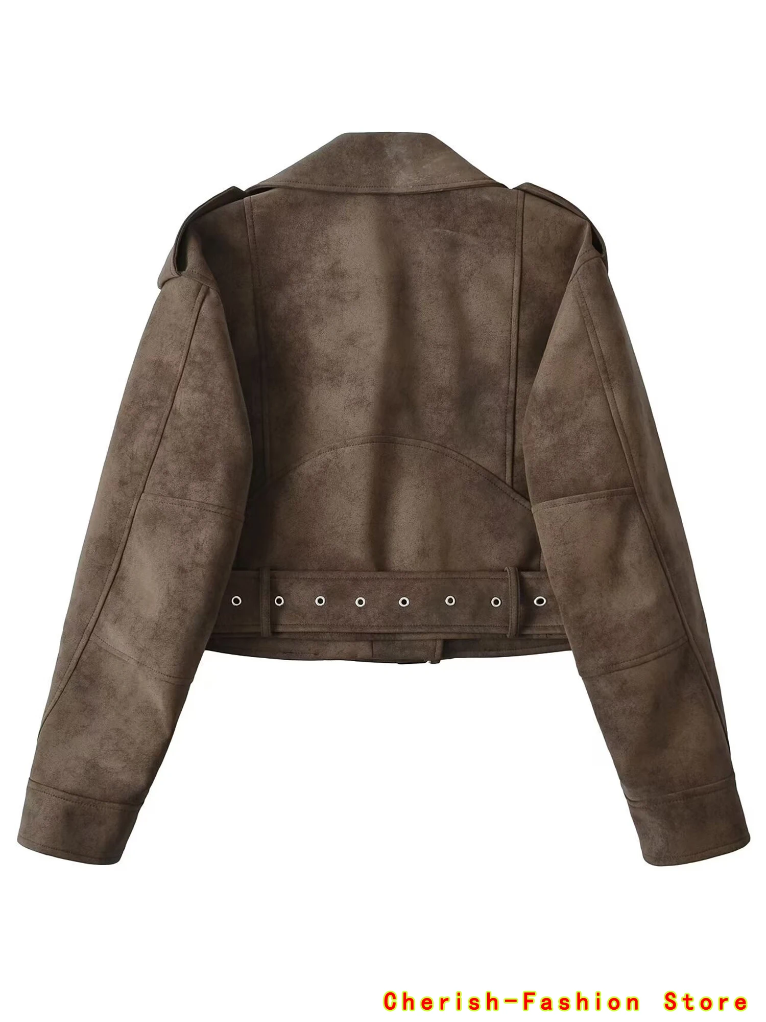 Spring Women's Brown Suede Short Jacket Loose Lapel Zipper Long Sleeve Motorcycle Coat Female Hot New Lady High Street Outwear