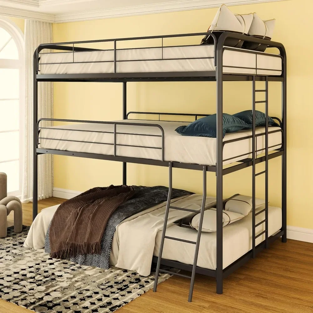 Metal Bunk Beds, for Adults and Kids and Teens, with Safe Guardrail, 3 Bunks Beds Easy To Assemble ,Full Size Triple Bunk Bed